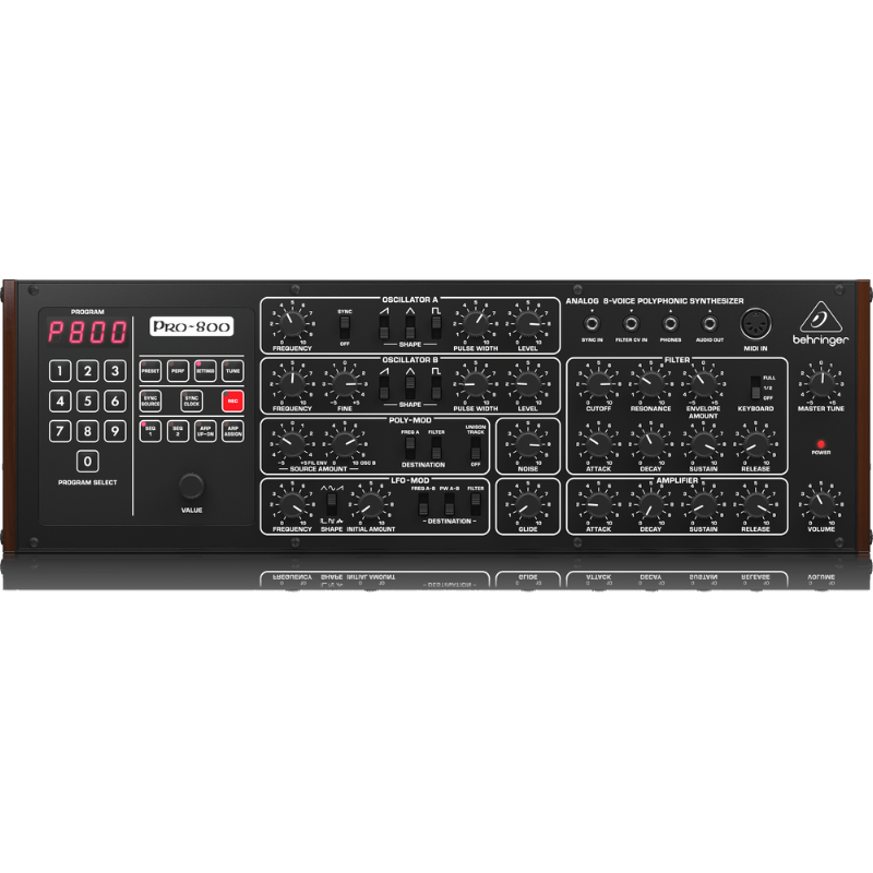 Behringer Pro800 Analog 8-Voice Polyphonic Synthesizer with 2 VCOs, VCF, Arpeggiator, Sequencer, 200 Program Memories, Eurorack Format