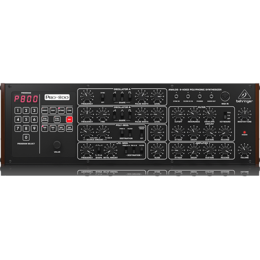 Behringer Pro800 Analog 8-Voice Polyphonic Synthesizer with 2 VCOs, VCF, Arpeggiator, Sequencer, 200 Program Memories, Eurorack Format