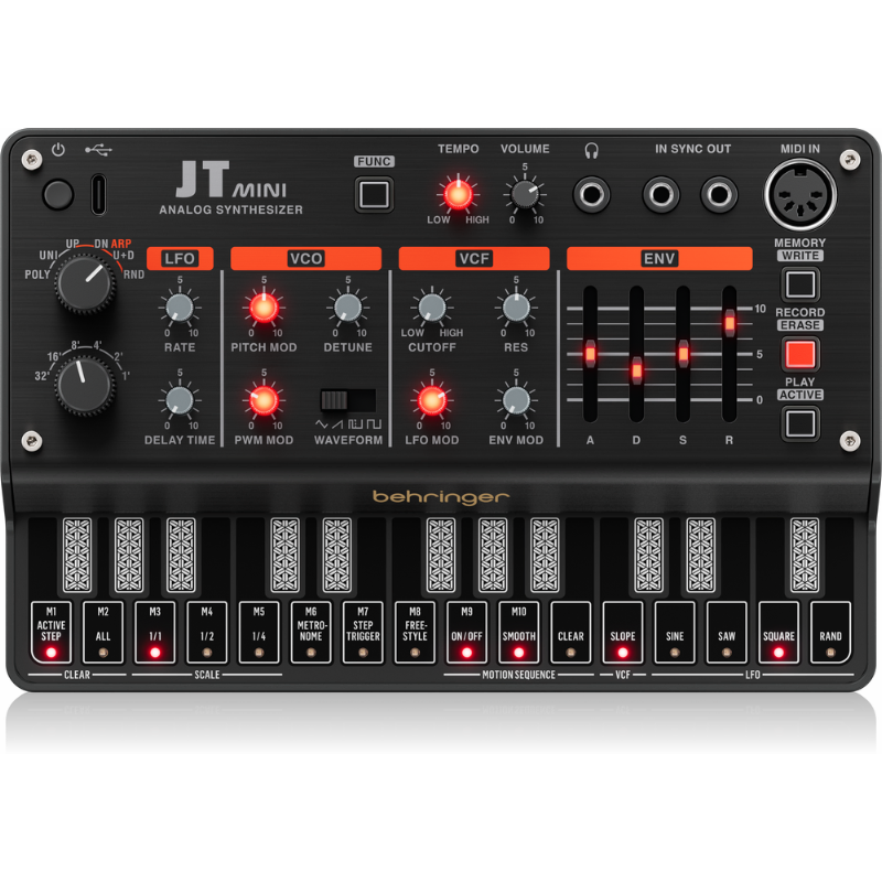 Behringer JT Mini Analog Polyphonic Synthesizer with 3 VCOs, Multi-Mode VCF, Arpeggiator, 16-Step Motion Sequencer — view 2