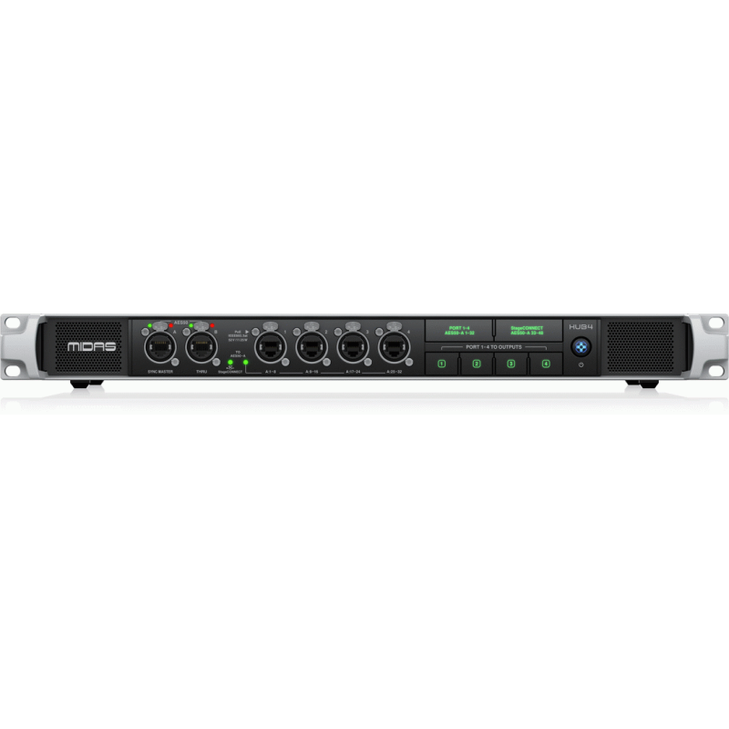 Midas HUB4 Monitor System Hub with 4 PoE Ports, AES50 In/Through, StageCONNECT, 16-Channel Analogue Out