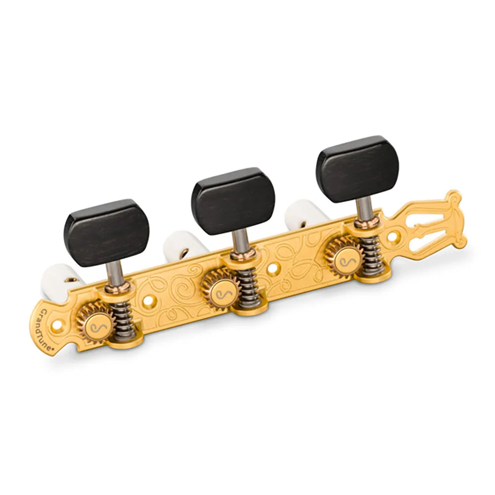 Schaller GrandTune Classic Lyre Satin Gold/Ebony Machine Heads with White Rollers, 1:18 Gear Ratio, Maintenance-Free Performance