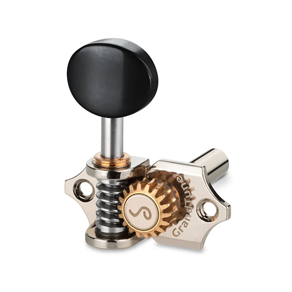 Schaller GrandTune 3/3 Slotted Machine Heads - Nickel/Ebony, 18:1 Gear Ratio, Velvet-Tec Technology, Acoustic Guitar Hardware
