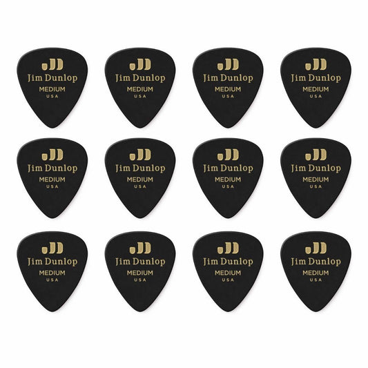 12 x Jim Dunlop Genuine Celluloid Black Classic Medium Gauge Guitar Picks *NEW*