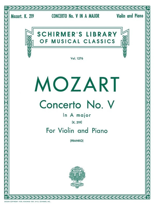 Mozart - Concerto No 5 A Major K 219 Violin/Piano (Softcover Book)