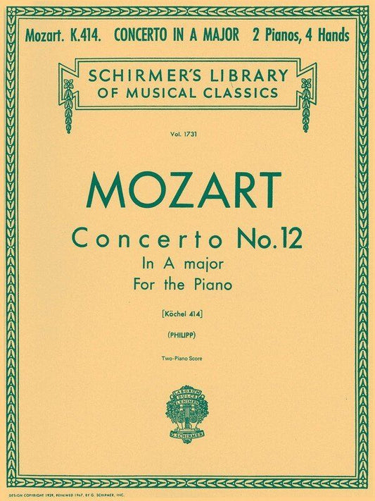 Mozart Concerto No. 12 A Major K 414 for 2 Pianos 4 Hands, 64 Pages, G. Schirmer