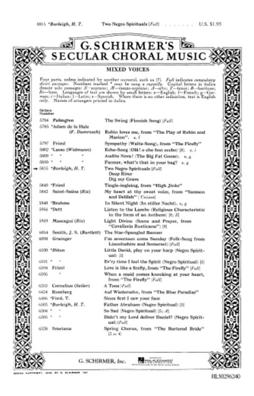 Schirmer - 2 Negro Spirituals Deep River & Dig My Grave SATB