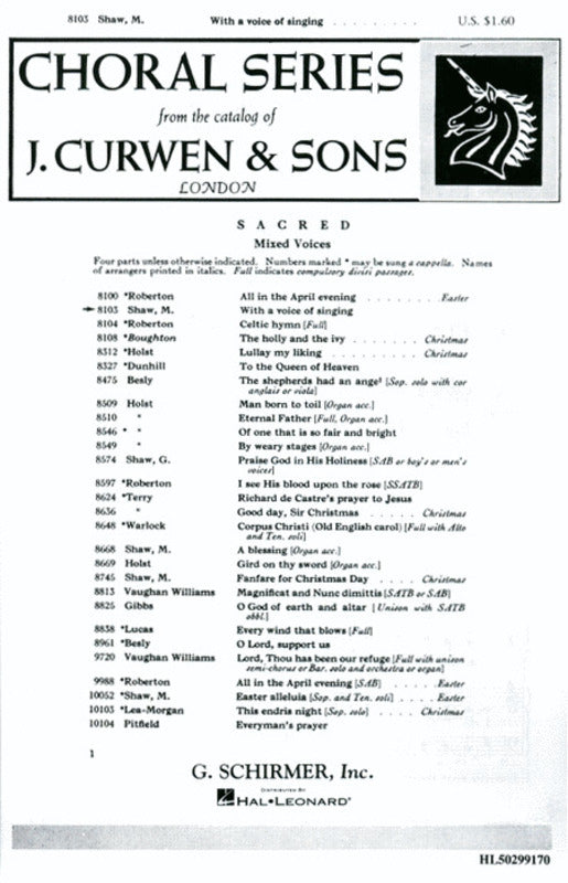 Schirmer - With A Voice Of Singing SATB
