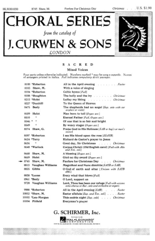 Schirmer - Fanfare For Christmas Day SATB/Organ