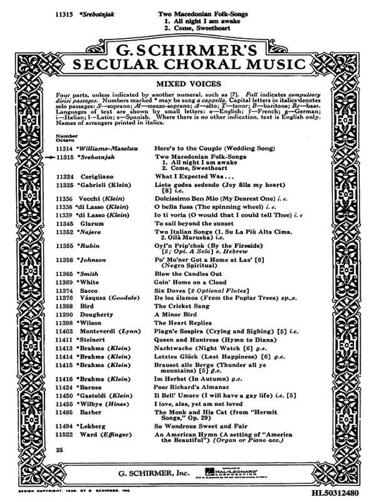 Schirmer - Two Macedonian Folk Songs SATB A Cappella