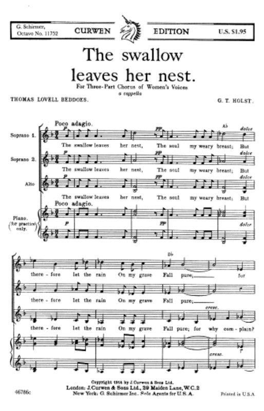 Schirmer - The Swallow Leaves Her Nest SSA A Cappella