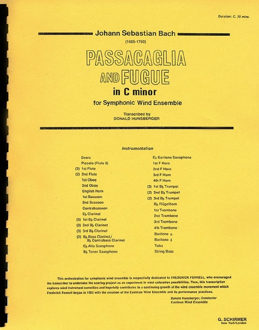 Schirmer - Bach - Passacaglia & Fugue C Minor Concert Band 4-5 Score/Parts