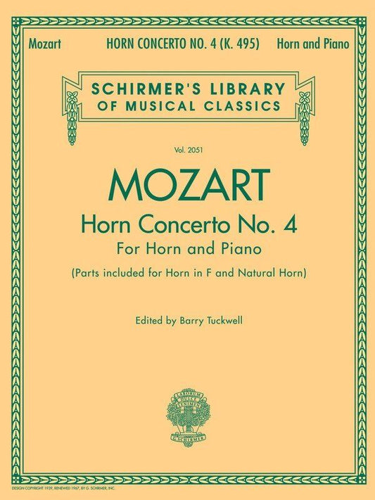 Mozart Horn Concerto No. 4 K 495 for Horn in F and Natural Horn, G. Schirmer Edition, 36 Pages