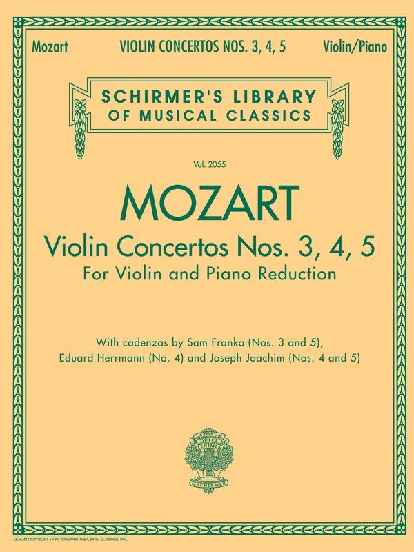 Mozart - Violin Concertos Nos 3/4/5 Violin/Piano (Softcover Book)