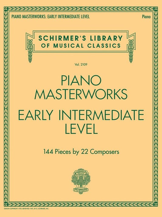 Piano Masterworks Early Intermediate Level by G. Schirmer, Inc. - 144 pieces for piano solo, 192 pages, value-priced edition.