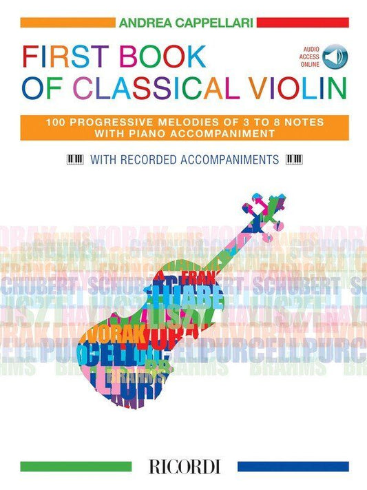 First Book of Classical Violin by Ricordi, 36 Pages, 100 Melodies, Beginner Level, Audio Access Online, Includes Piano Accompaniments