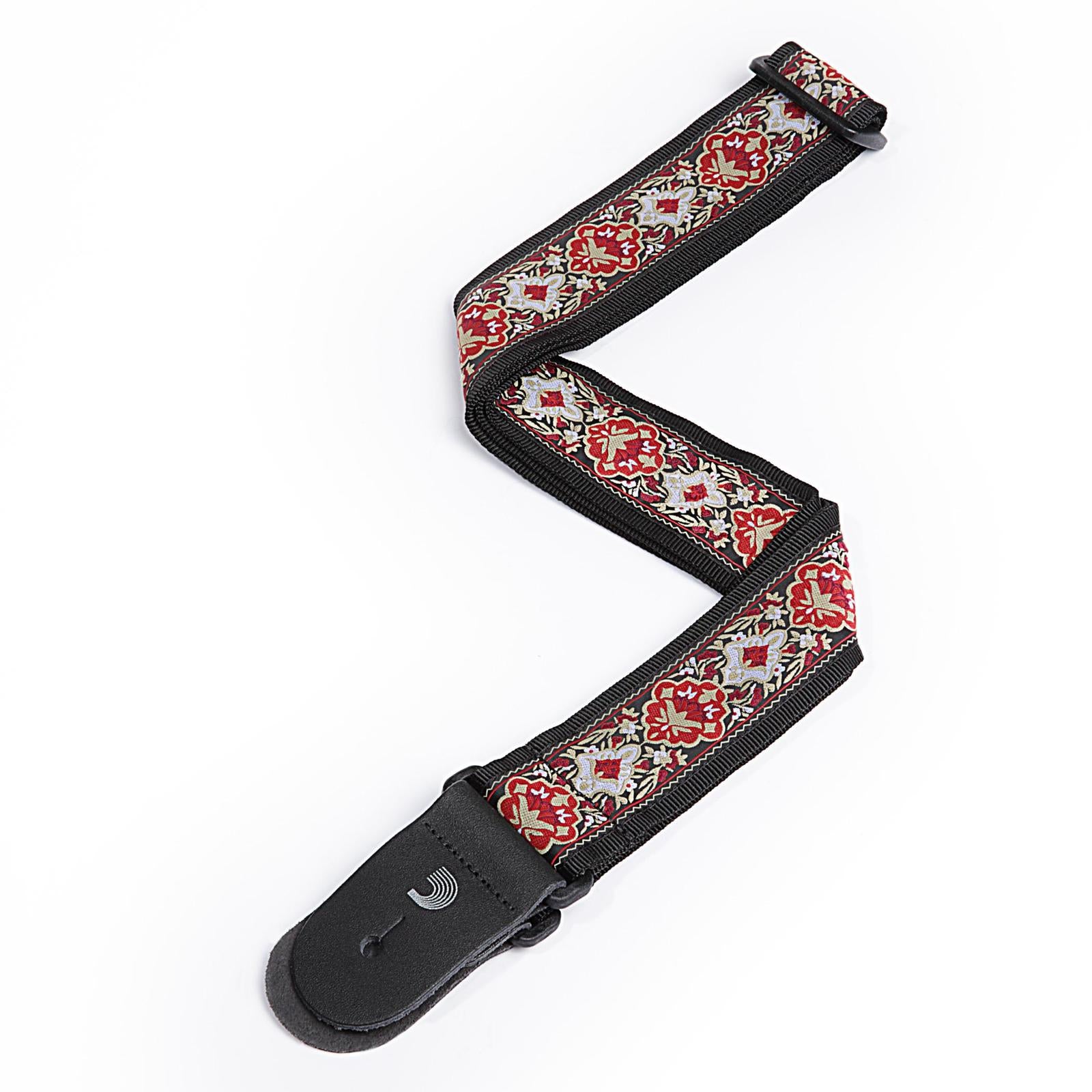 D'Addario 2 Inch Tubular Webbing w/ Red Jaquard Design Guitar Strap