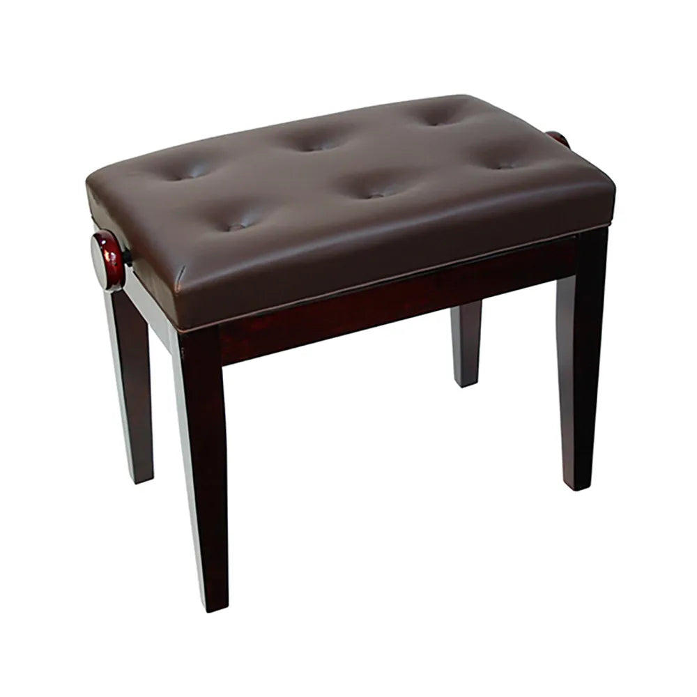 Linley Adjustable Piano Bench with Buttoned Seat - Mahogany Finish, Dark Brown Leatherette, Height 46-56cm, No Compartment, Easy Assembly