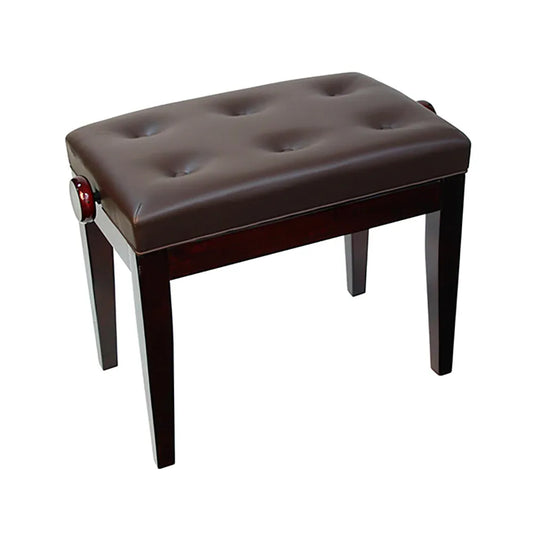 Linley Adjustable Piano Bench with Buttoned Seat - Mahogany Finish, Dark Brown Leatherette, Height 46-56cm, No Compartment, Easy Assembly