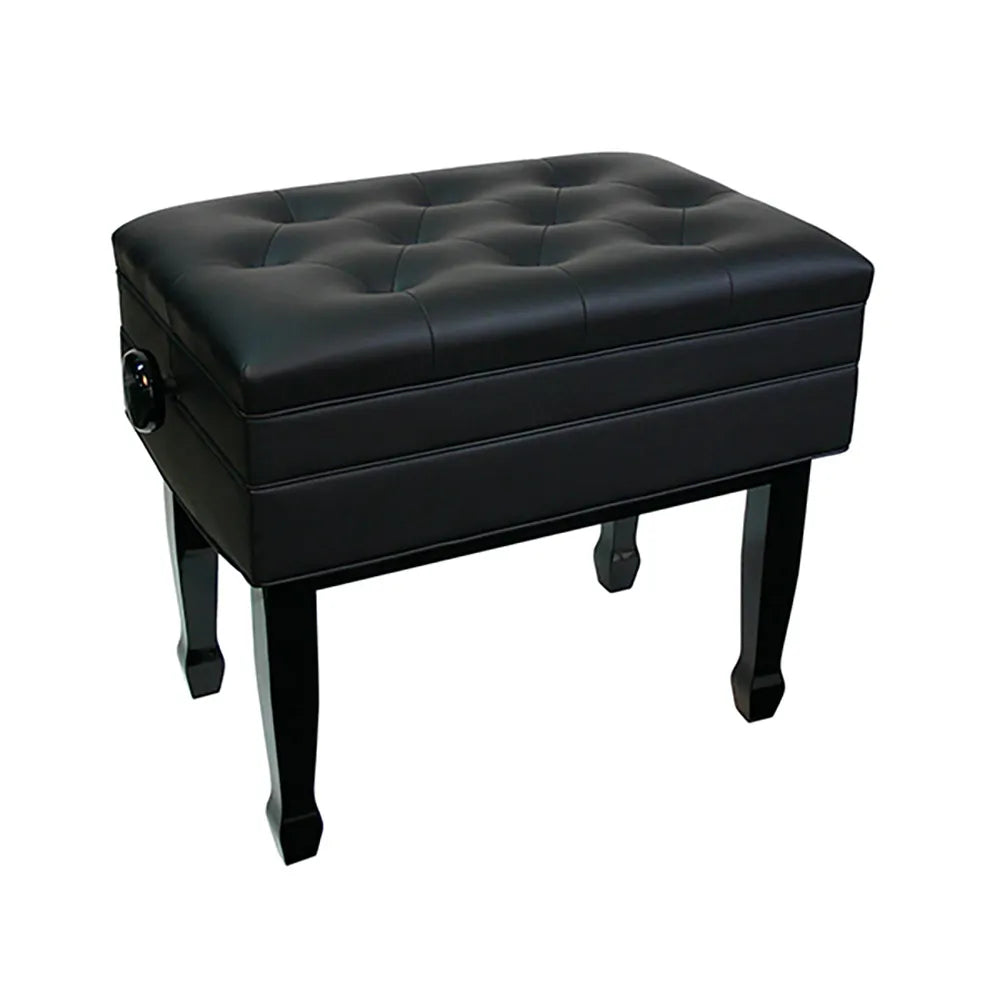 Linley Deluxe Adjustable Piano Bench with Compartment - Black Gloss Finish, Leatherette Padding, Height 47-57cm, Seat 60cm x 38cm