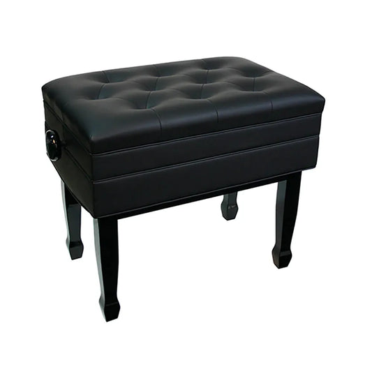 Linley Deluxe Adjustable Piano Bench with Compartment - Black Gloss Finish, Leatherette Padding, Height 47-57cm, Seat 60cm x 38cm