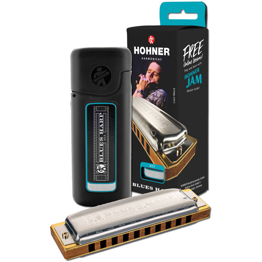 Hohner MS Series Blues Harp Harmonica - Key of D, Doussi Wood Comb, Stainless Steel Covers, 20 MS Reeds, Made in Germany