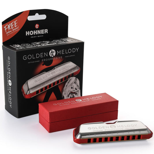 Hohner Golden Melody Progressive Harmonica - Key of B, Diatonic, Stainless Steel Covers, 10 Holes, Equal Temperament, Includes Case