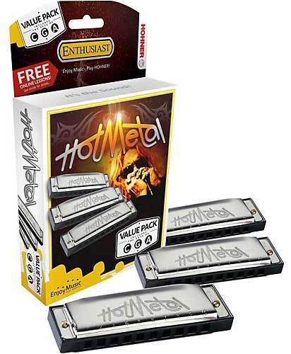 Hohner Hot Metal Harmonica Value Pack - 3-Piece Set in Keys C, G, A, with Durable Plastic Comb and Stainless Steel Cover Plates