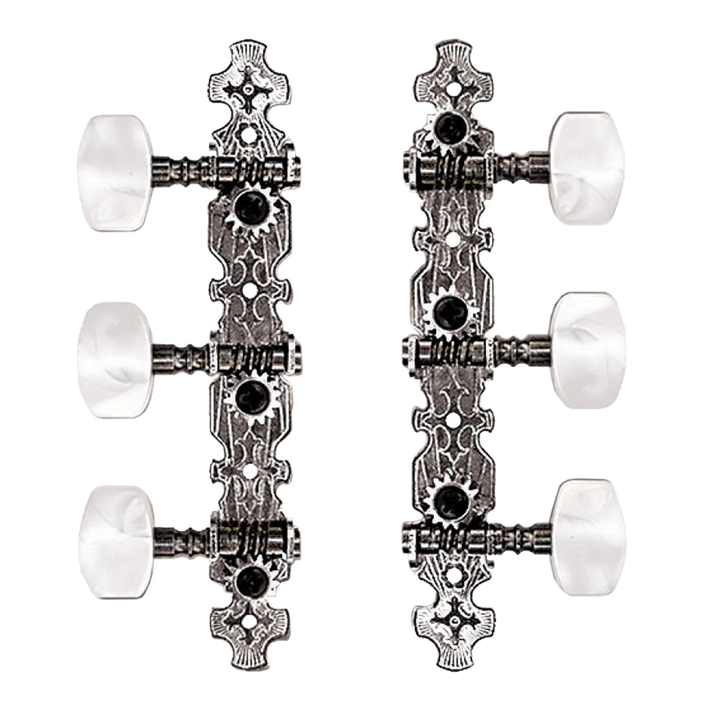 Valencia Classical Machine Head 3-a-Side Nylon String with 35mm Pearloid Buttons, Engraved Plates, Black Posts, Nickel/Gold Plating