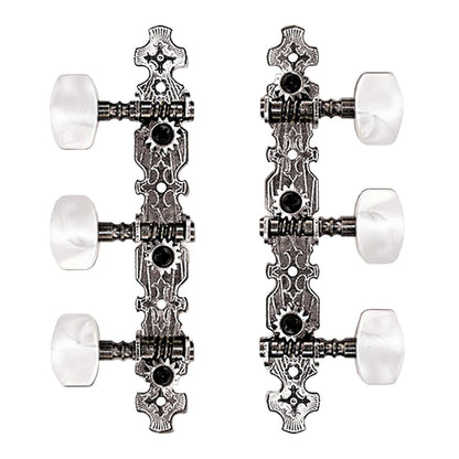 Valencia Classical Machine Head 3-a-Side Nylon String with 35mm Pearloid Buttons, Engraved Plates, Black Posts, Nickel/Gold Plating