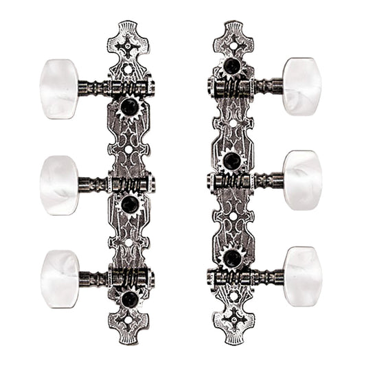 Valencia Classical Machine Head 3-a-Side Nylon String with 35mm Pearloid Buttons, Engraved Plates, Black Posts, Nickel/Gold Plating