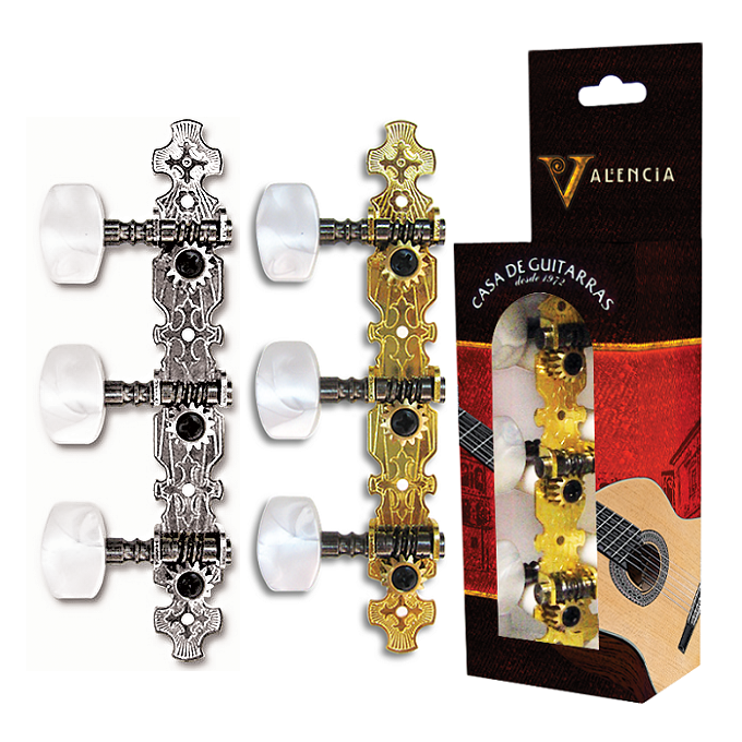 Valencia Classical Machine Head 3-a-Side Nylon String with 35mm Pearloid Buttons, Engraved Plates, Black Posts, Nickel/Gold Plating — view 2