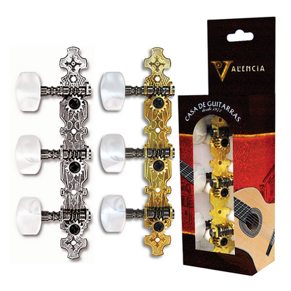Valencia Classical Machine Head 3-a-Side Nylon String with 35mm Pearloid Buttons, Engraved Plates, Black Posts, Nickel/Gold Plating — view 2