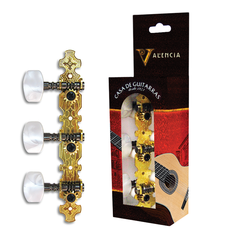 Valencia Classical Machine Head 3-a-Side Nylon String with 35mm Pearloid Buttons, Engraved Plates, Black Posts, Nickel/Gold Plating — view 4
