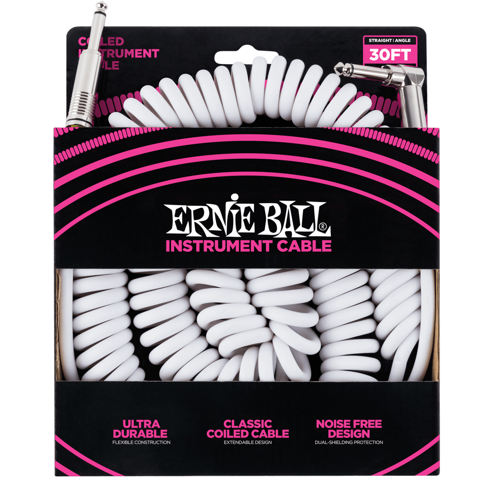 Ernie Ball 6045 Ultraflex 30ft 10m White Coiled Instrument Cable Straight/Angle