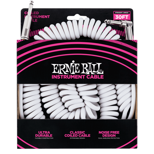 Ernie Ball 6045 Ultraflex 30ft 10m White Coiled Instrument Cable Straight/Angle