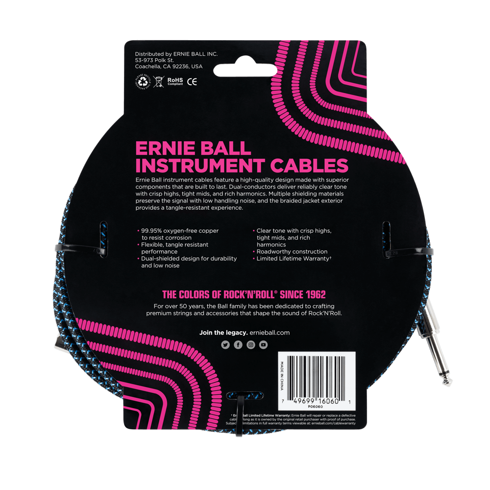 Ernie Ball 7.5 Meter Braided Straight / Angle Instrument Cable, Black / Blue — view 2