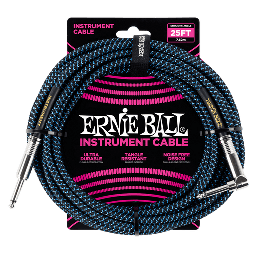 Ernie Ball 7.5 Meter Braided Straight / Angle Instrument Cable, Black / Blue