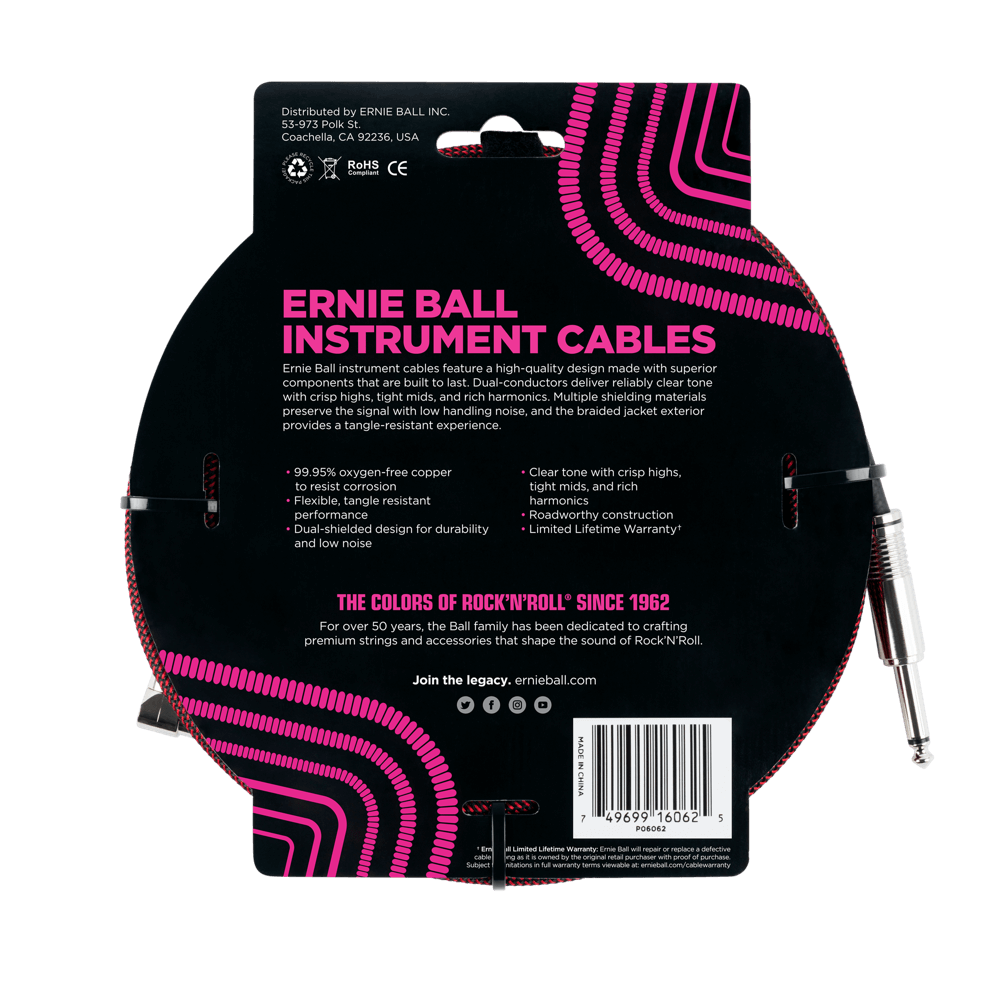 Ernie Ball 7.5 Meter Braided Straight / Angle Instrument Cable, Black / Red — view 2