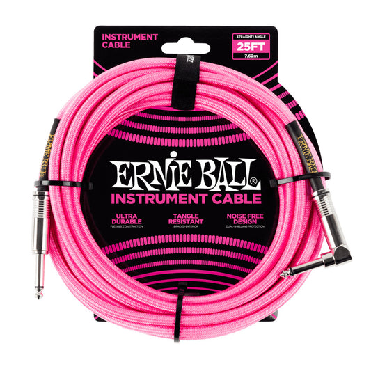 Ernie Ball 7.5 Meter Braided Straight / Angle Instrument Cable, Neon Pink