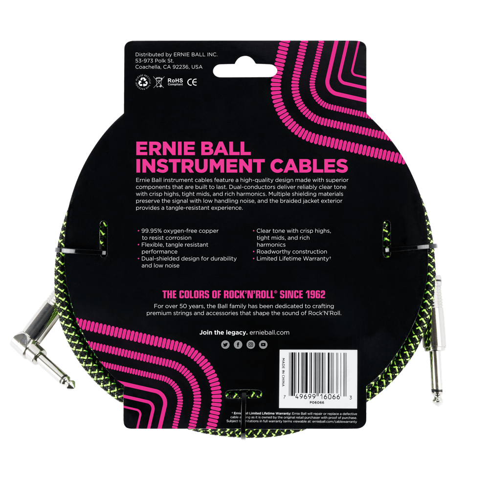 Ernie Ball 7.5 Meter Braided Straight / Angle Instrument Cable, Black / Green — view 2