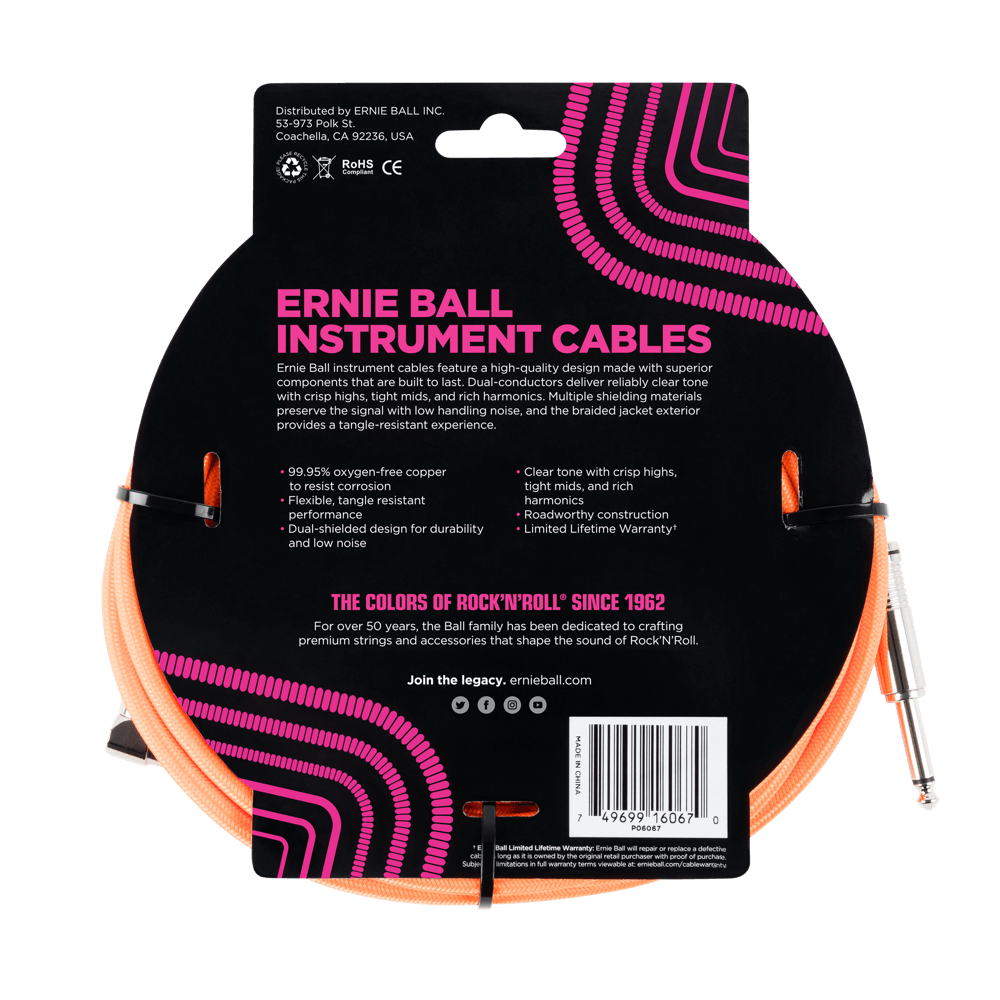 Ernie Ball 7.5 Meter Braided Straight / Angle Instrument Cable, Neon Orange — view 2