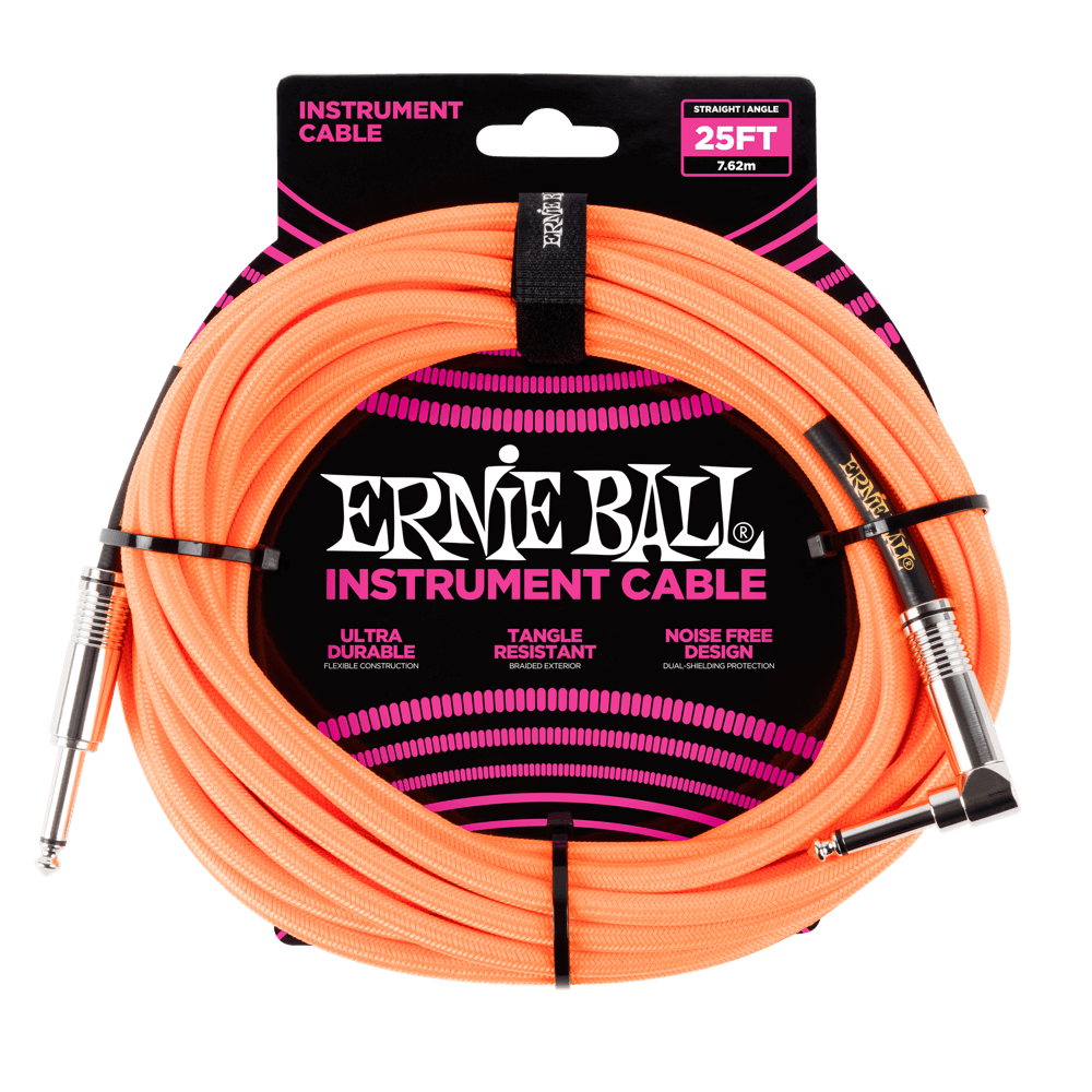 Ernie Ball 7.5 Meter Braided Straight / Angle Instrument Cable, Neon Orange
