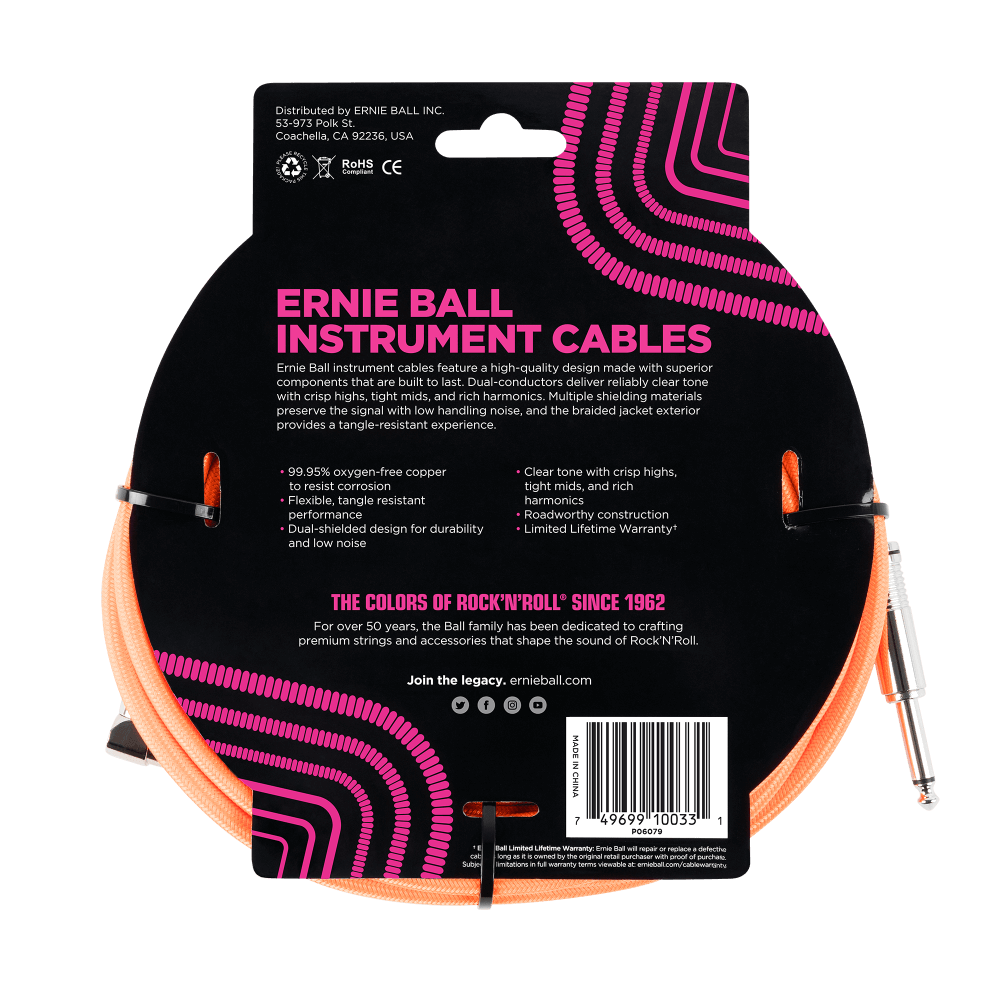 Ernie Ball 3 Meters Braided Straight / Angle Inst Cable, Neon Orange — view 2