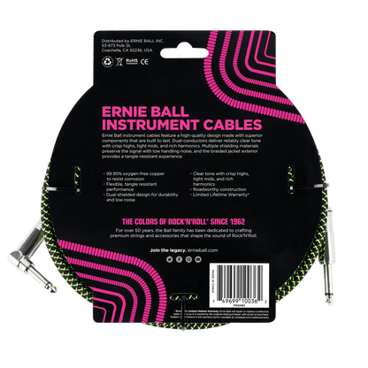 Ernie Ball 5.5 Meters Feet Braided Straight / Angle Inst Cable, Black/Green — view 2