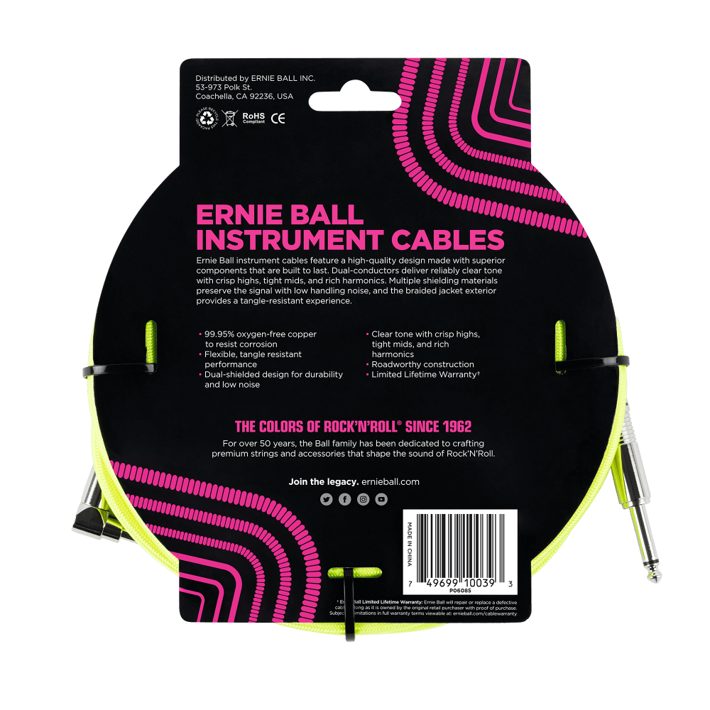 Ernie Ball 5.5 Meters Braided Straight / Angle Inst Cable, Neon Yellow — view 2