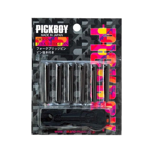 Pickboy Guitar Bridge Pin Set with Pin Pry Tool - Black with White Dot, Pack of 6, Made in Japan