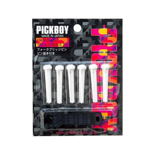 Pickboy Guitar Bridge Pin Set with Pin Pry - White, 6 Pack