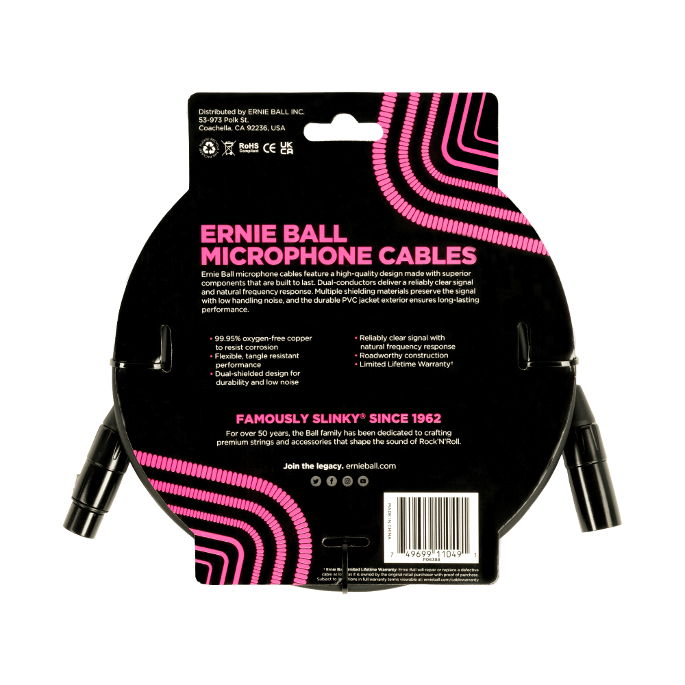 Ernie Ball 20ft Male Female XLR Microphone Cable Black — view 2