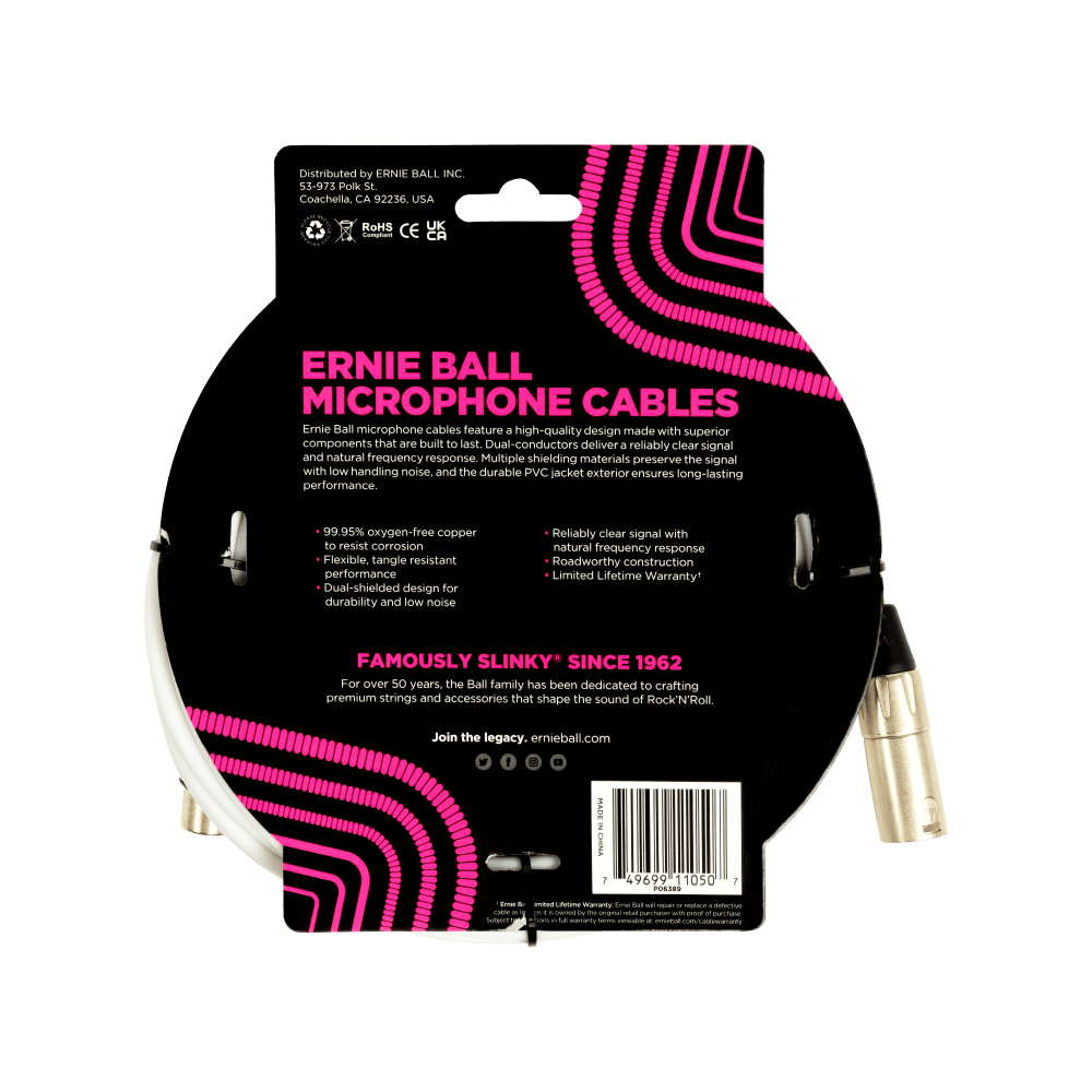 Ernie Ball 20ft Male Female XLR Microphone Cable White — view 2