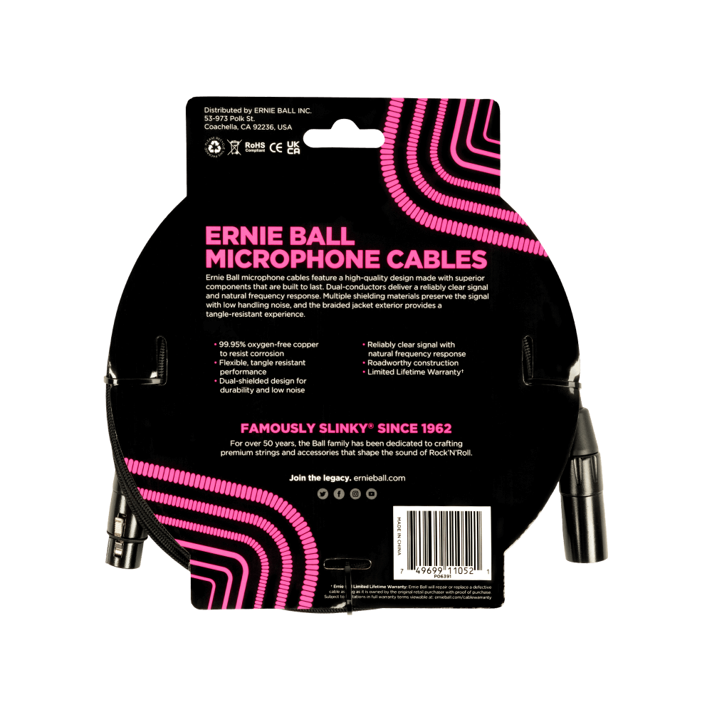 Ernie Ball 15ft Braided Male Female XLR Microphone Cable Black — view 2